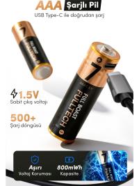 Fulltech FP29 Aaa Şarjlı Pil 2'li Set 800MWH 1.5V Type-C Şarjlı Lityum Pil Uzun Ömürlü Hızlı Şarj Edilebilir Pil 